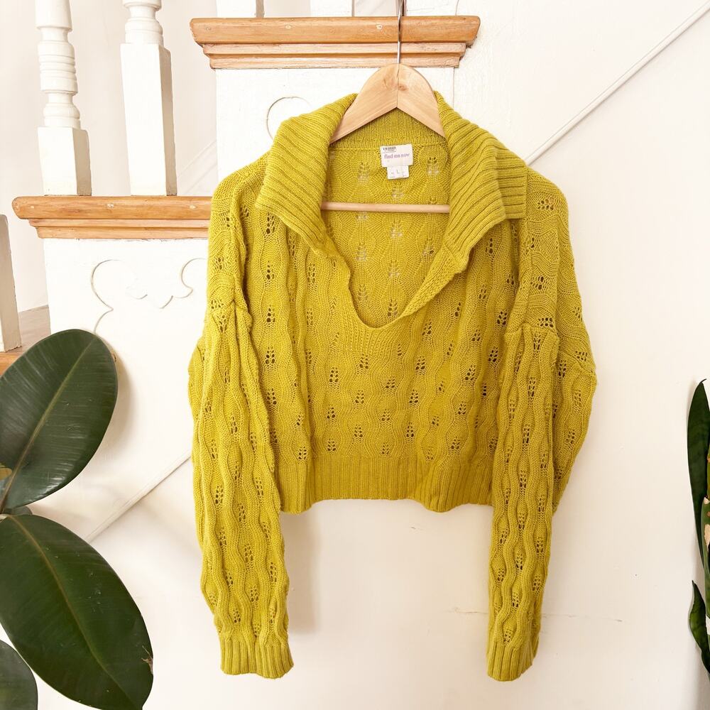 Find Me Now Cable Knit Sweater Chartreuse Cropped Eyelet Cozy Pullover Size L - Picture 2 of 7